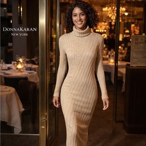 🌸Donna Karan New York Ribbed Turtleneck Sweater Dress in Beige 💯wool NWT